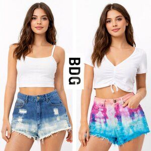 Bundle of 2 BDG Jean Shorts Distressed Tie-Dye Blue and Pink High Rise Cheeky 27